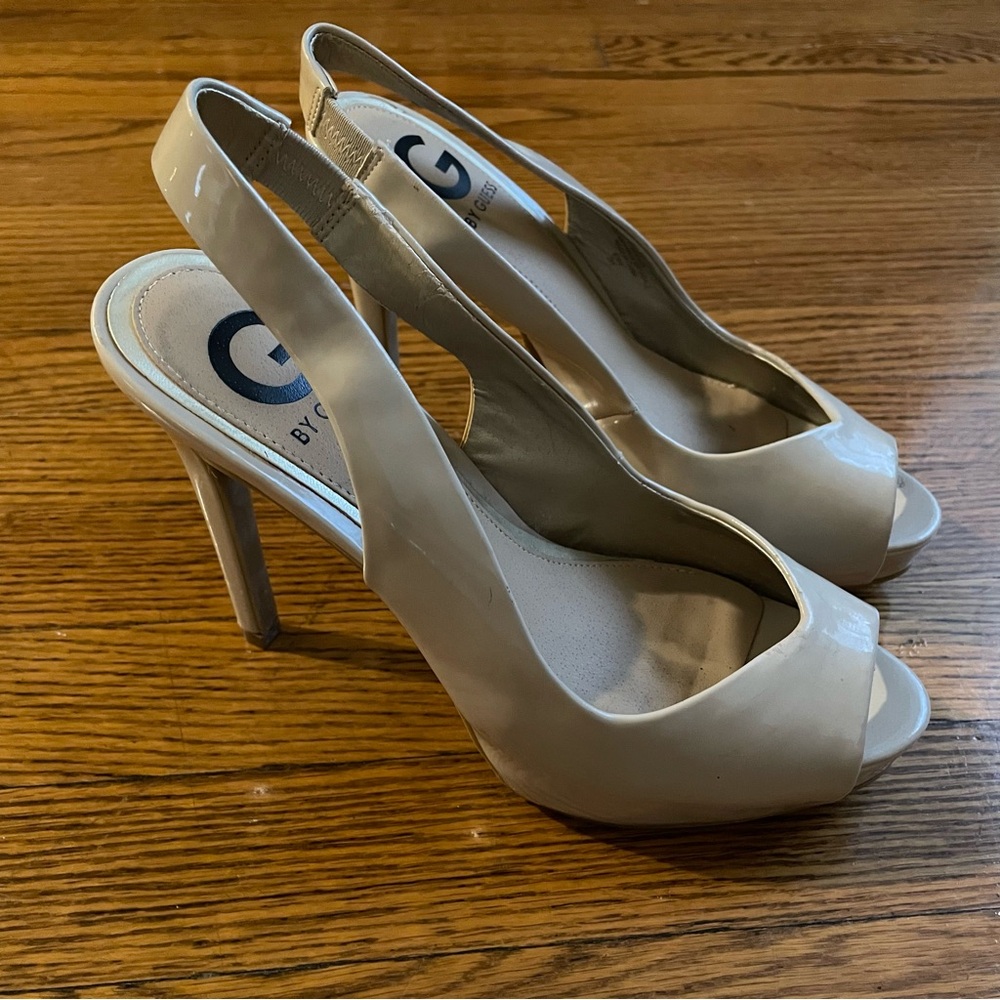 G by Guess Cream Slingback Peep Toe Platform Stiletto Heels